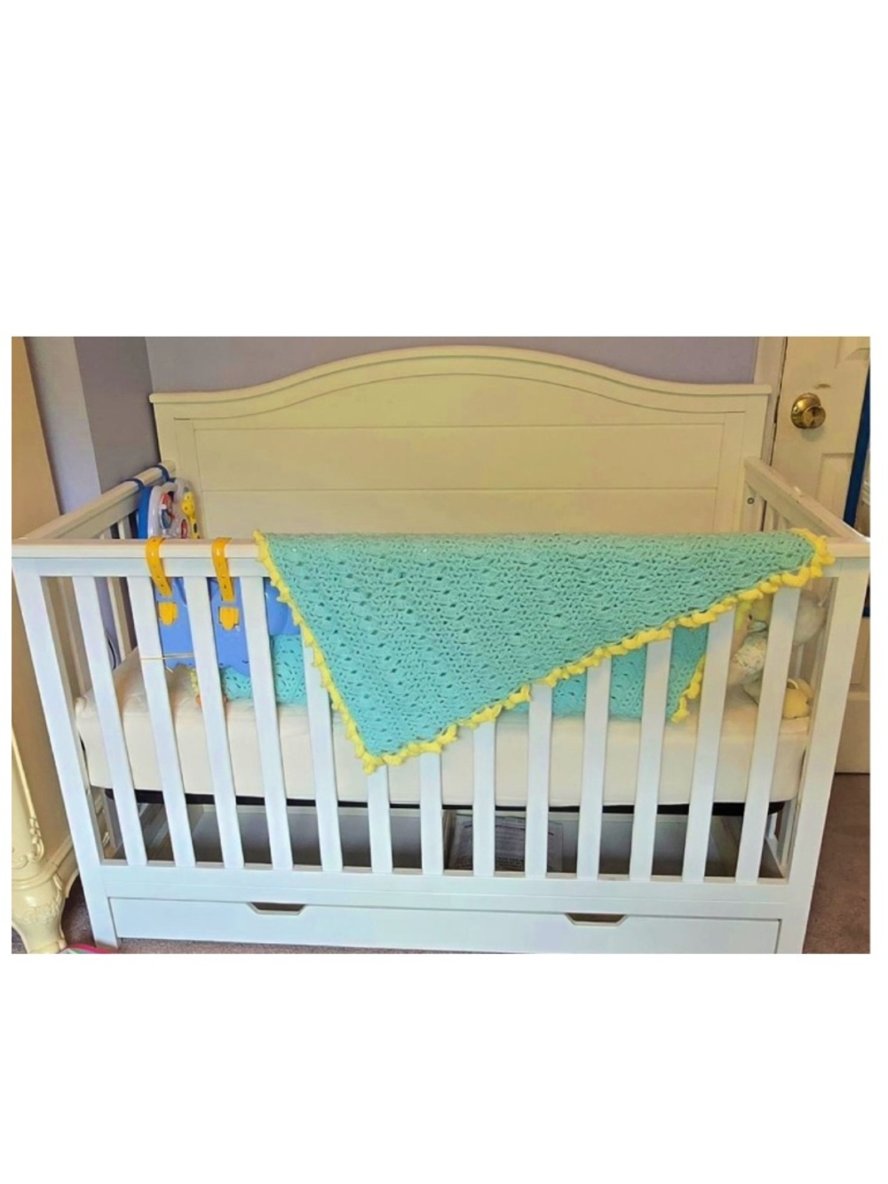 Vintage Blanket Baby Unisex Throw Boy Girl Hand Crocheted Green Yellow Knit Home